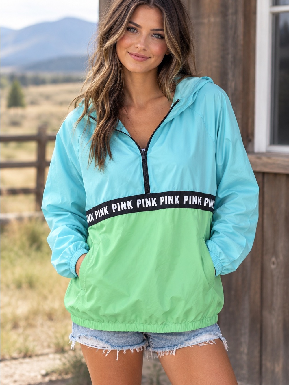 VS PINK Colorblock Anorak Women Windbreaker Jacket M/L Blue Green Oversized